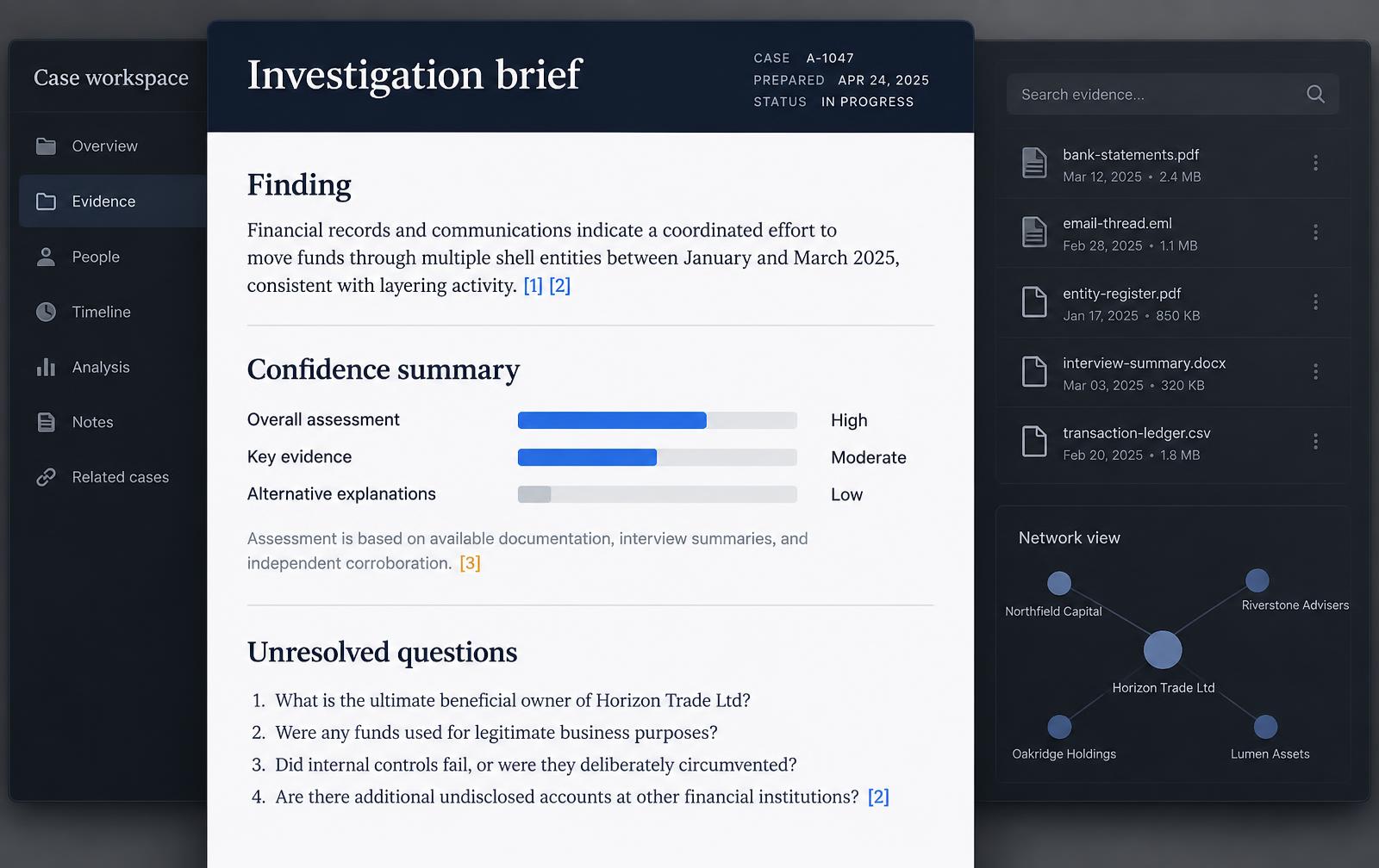 FactPattern analyst-ready investigation brief with source citations, confidence summary and unresolved questions